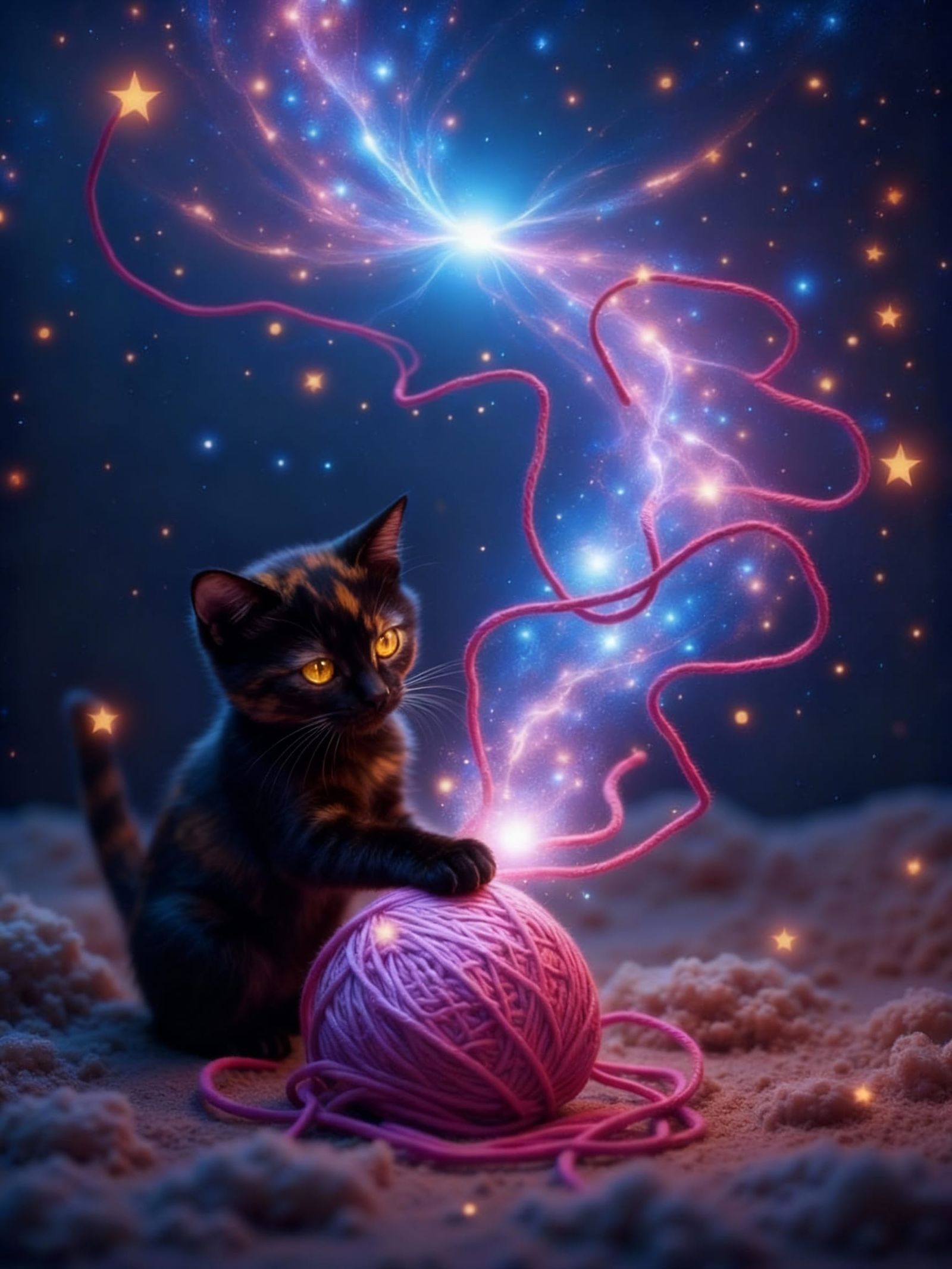 Whimsical Kitten Plays with Galaxy Yarn