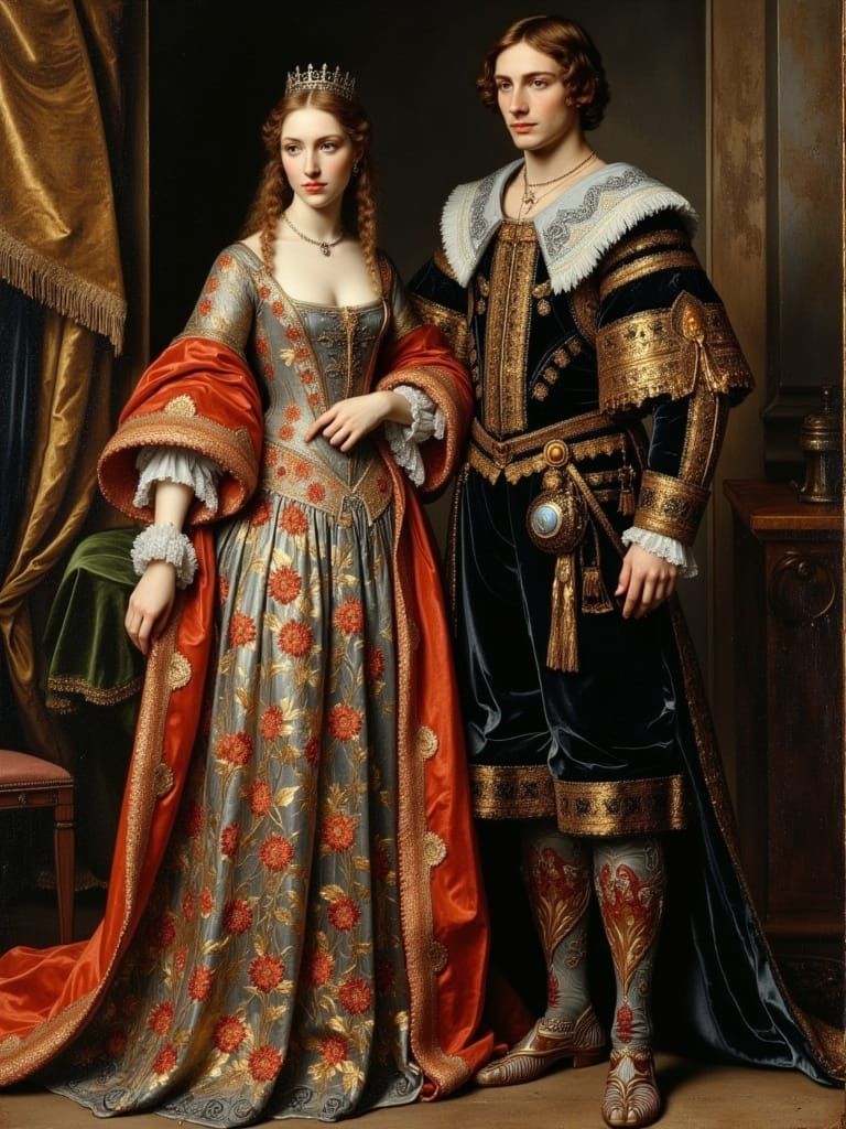 Young Couple in Opulent Mid 17th Century Attire
