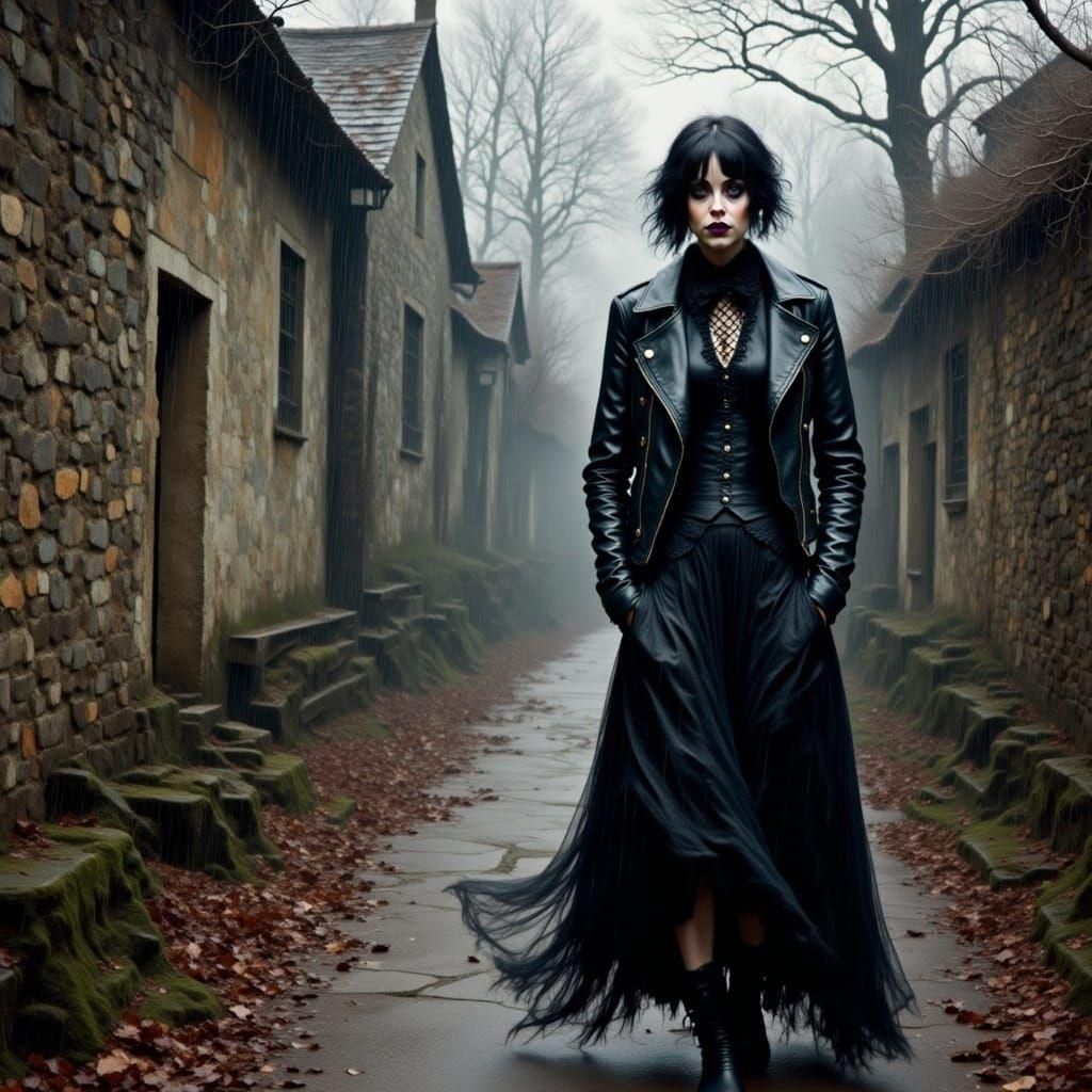 Goth Girl in Gouache Style Walks in the Rain