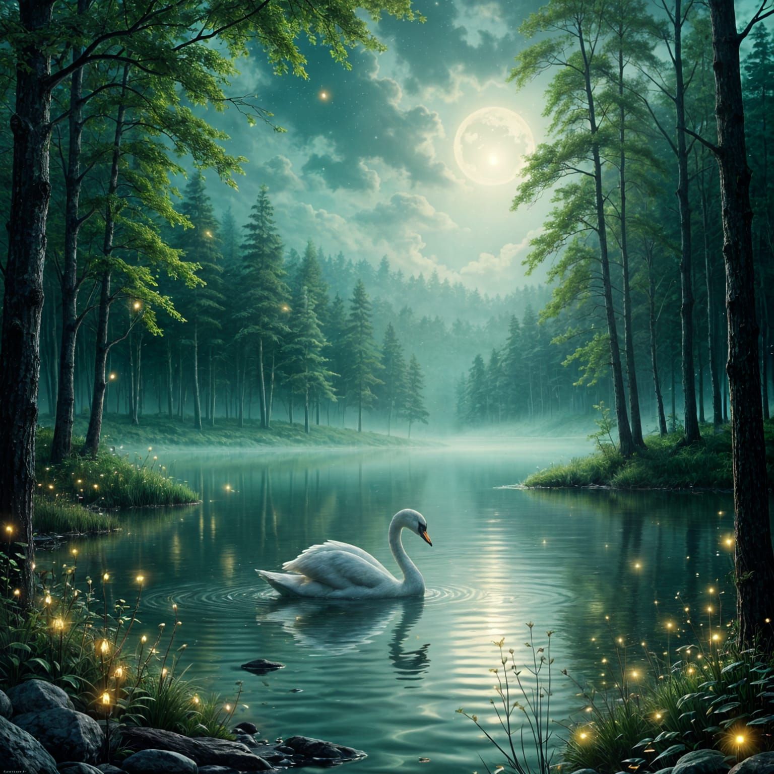Enchanted Forest Night Scene with Luminous Lake and Swan