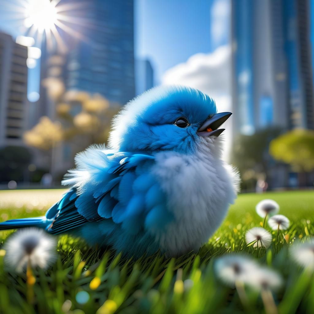 Blue Baby Bird in City Park, Whimsical Art