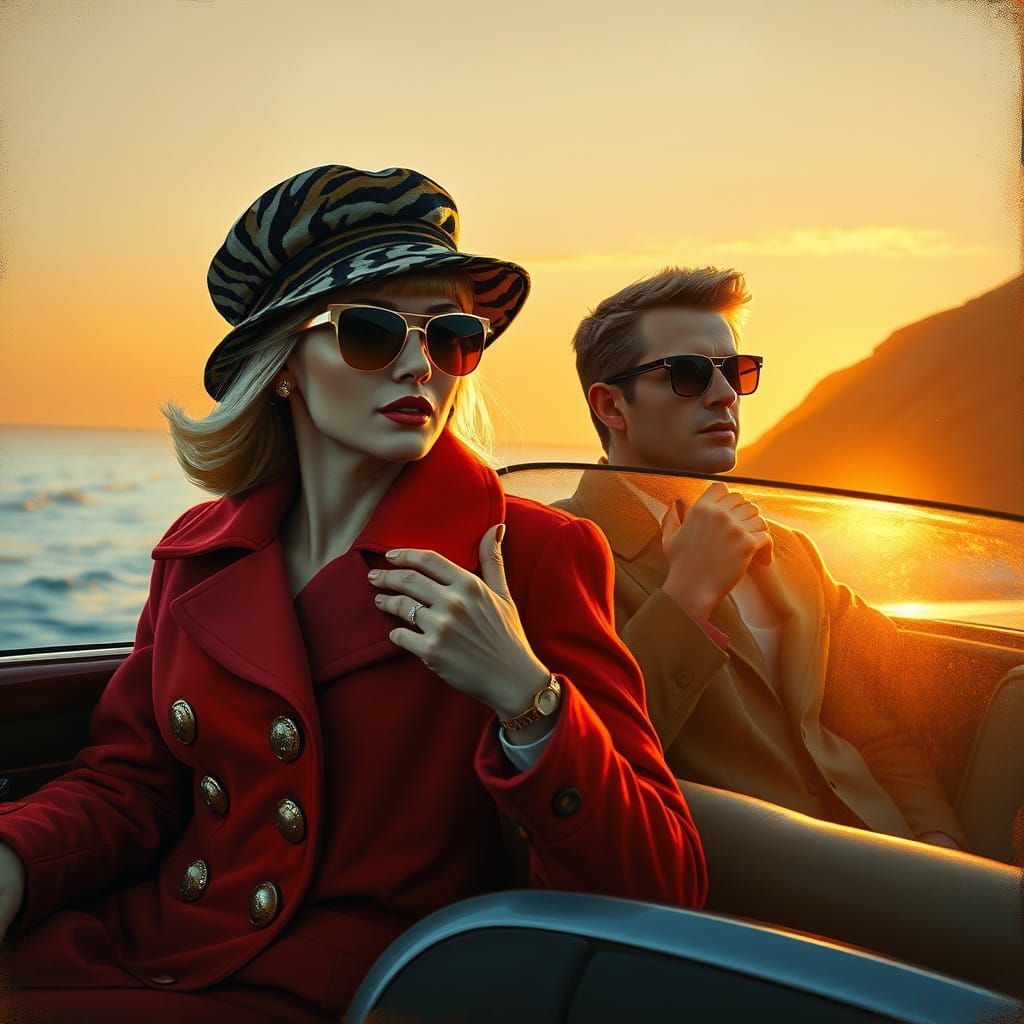 Stylish Couple Cruising the Coast, Impressionistic Oil Paint...
