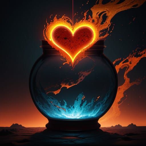 Glowing Lava Heart in Ancient Jar, Inspired by Sci-Fi Art