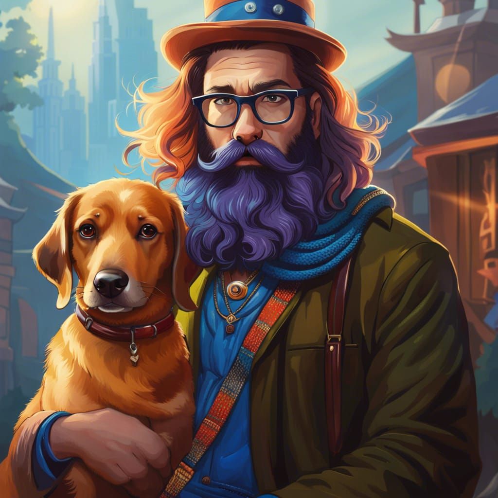 Eccentric Hipster and Dog, Neo-Impressionist Style