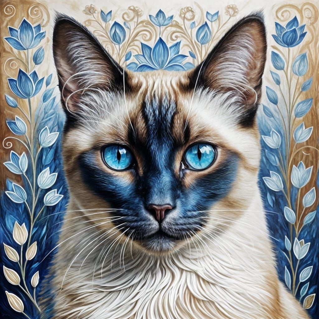 Dreamlike Siamese Cat Painting with Blue Eyes