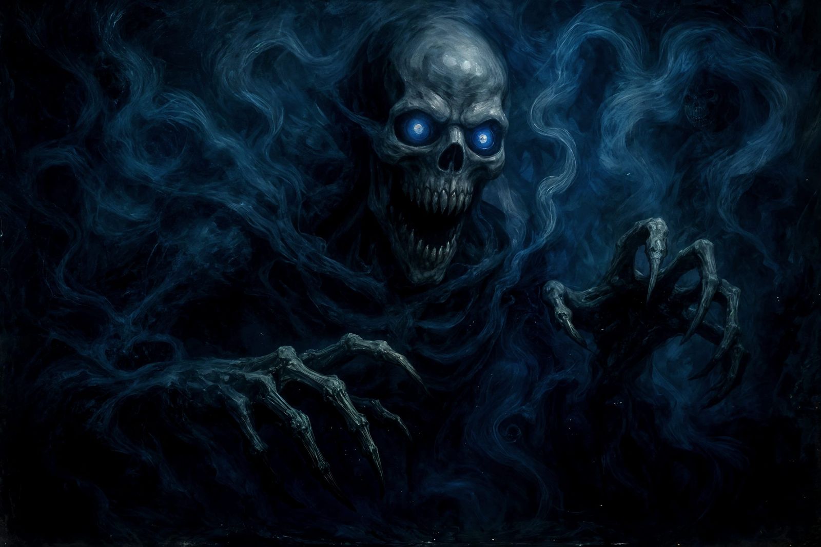 Terrifying Spectral Figure in Ethereal Blue Smoke