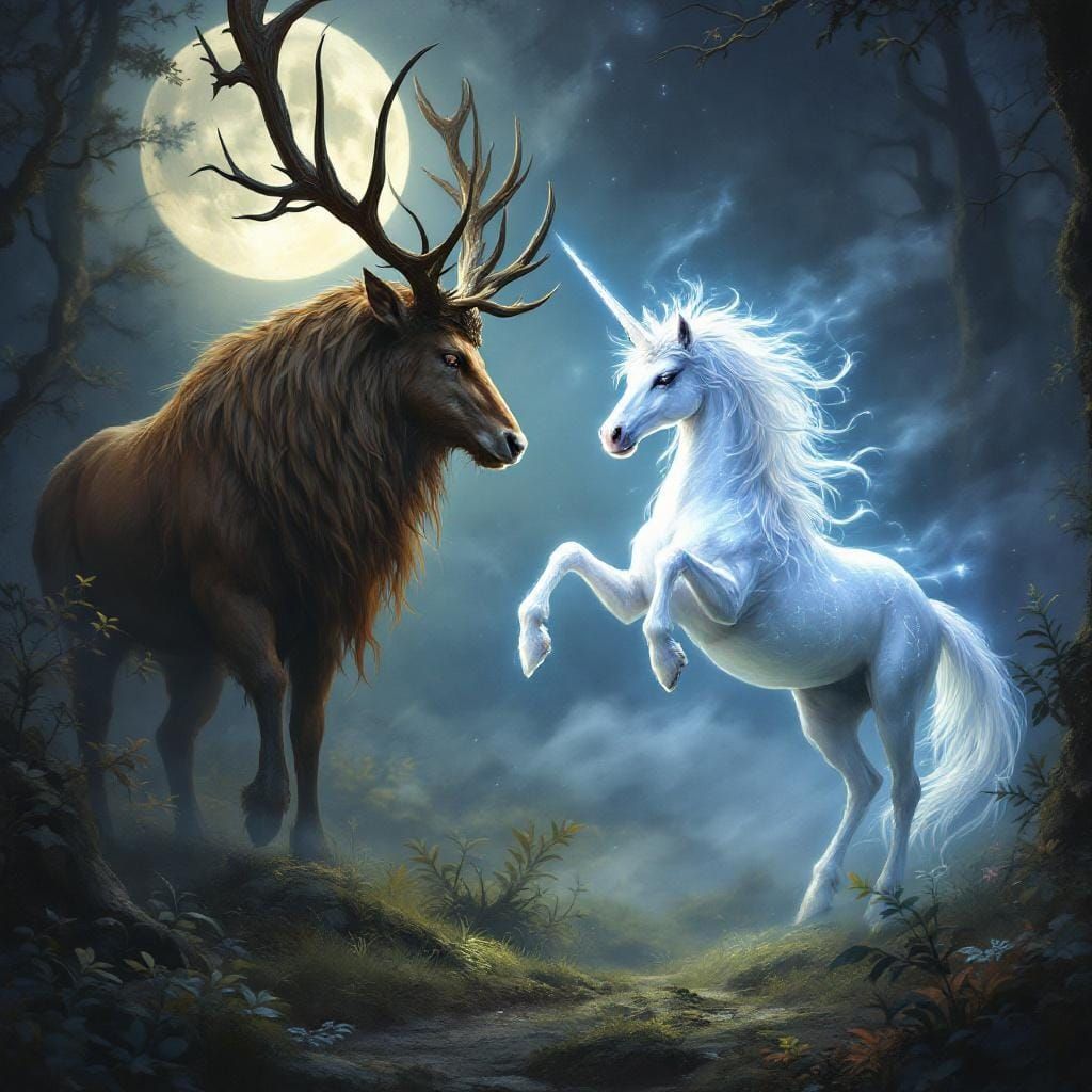 Stag and Unicorn Meet in Moonlit Glade