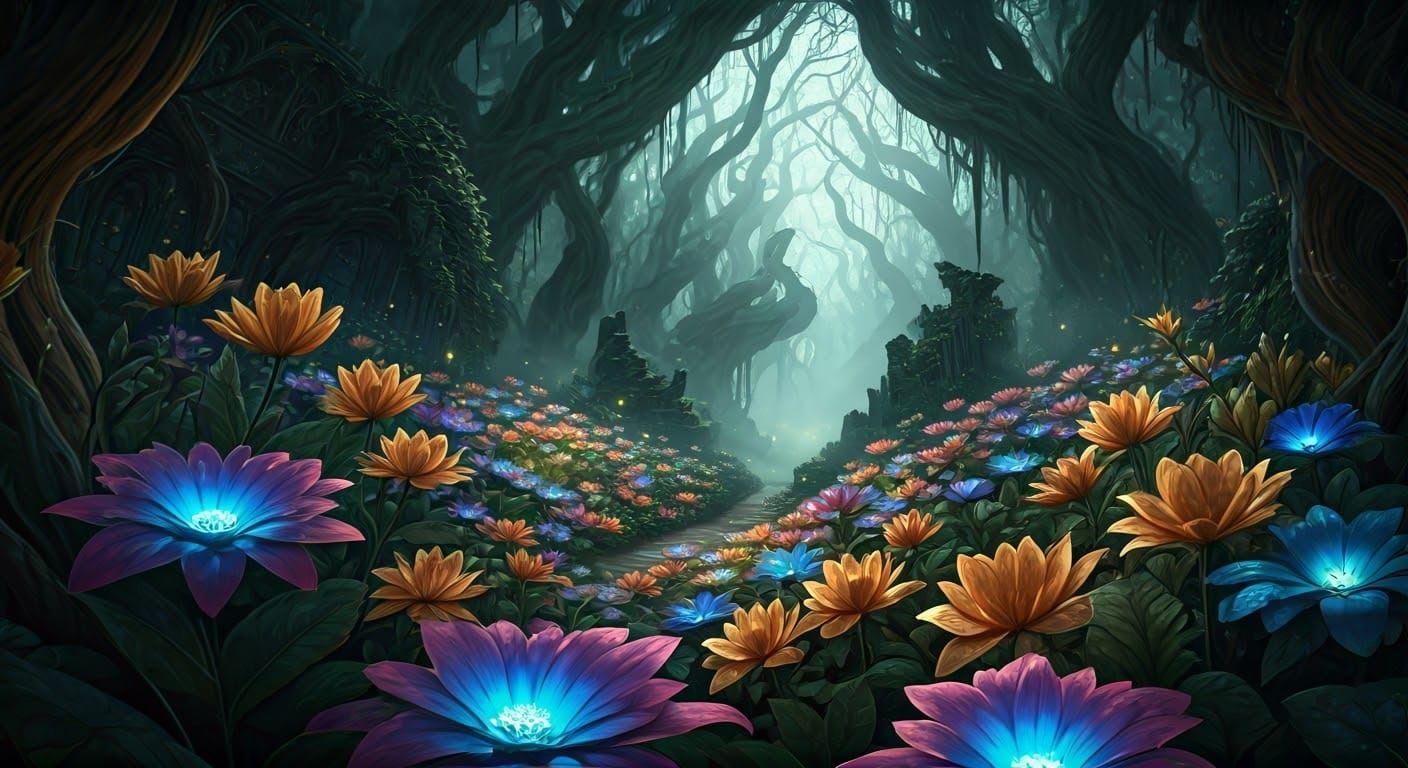 Dark Fantasy Garden Masterpiece in Vibrant, Iridescent Hues