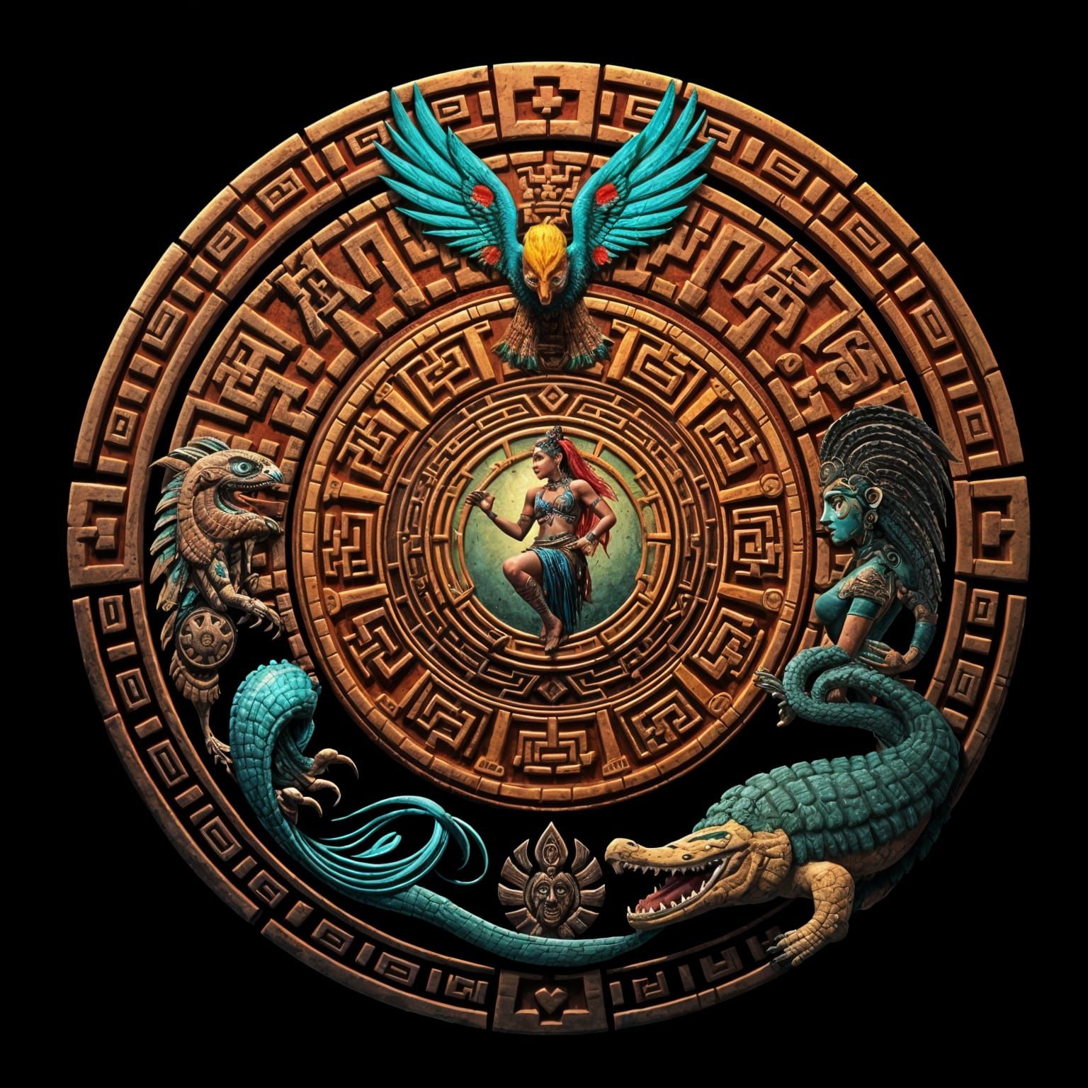 Aztec Calendar Stone with Mesoamerican Codex Art