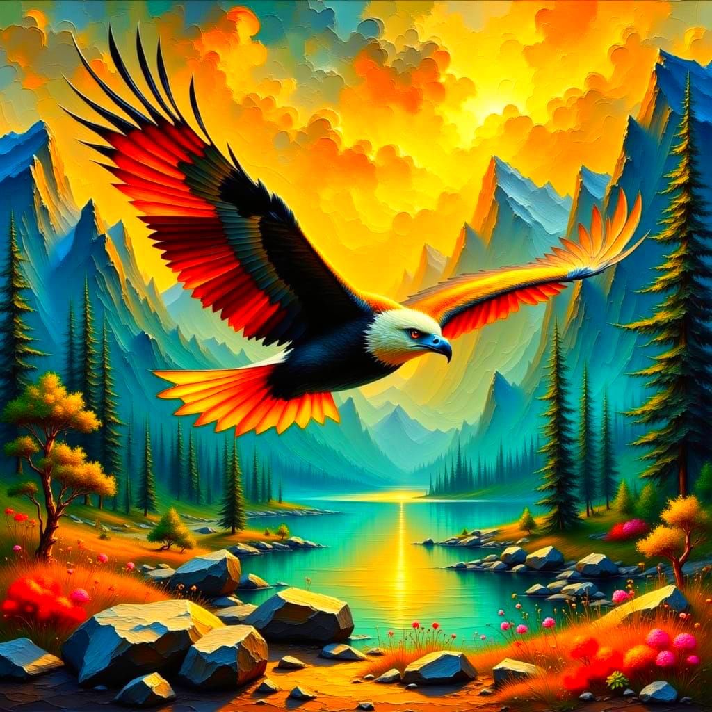 Eagle Soars Through Vibrant Mystical Landscape