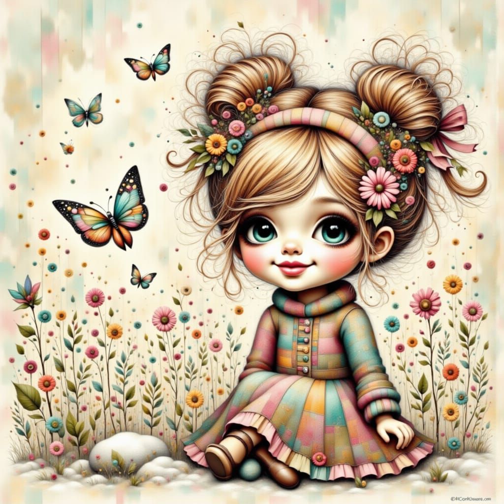 Toddler Girl in Patchwork Clothes Catches Snowflakes