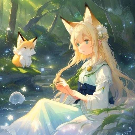 Anime Girl with Fox in Forest, 3D Render