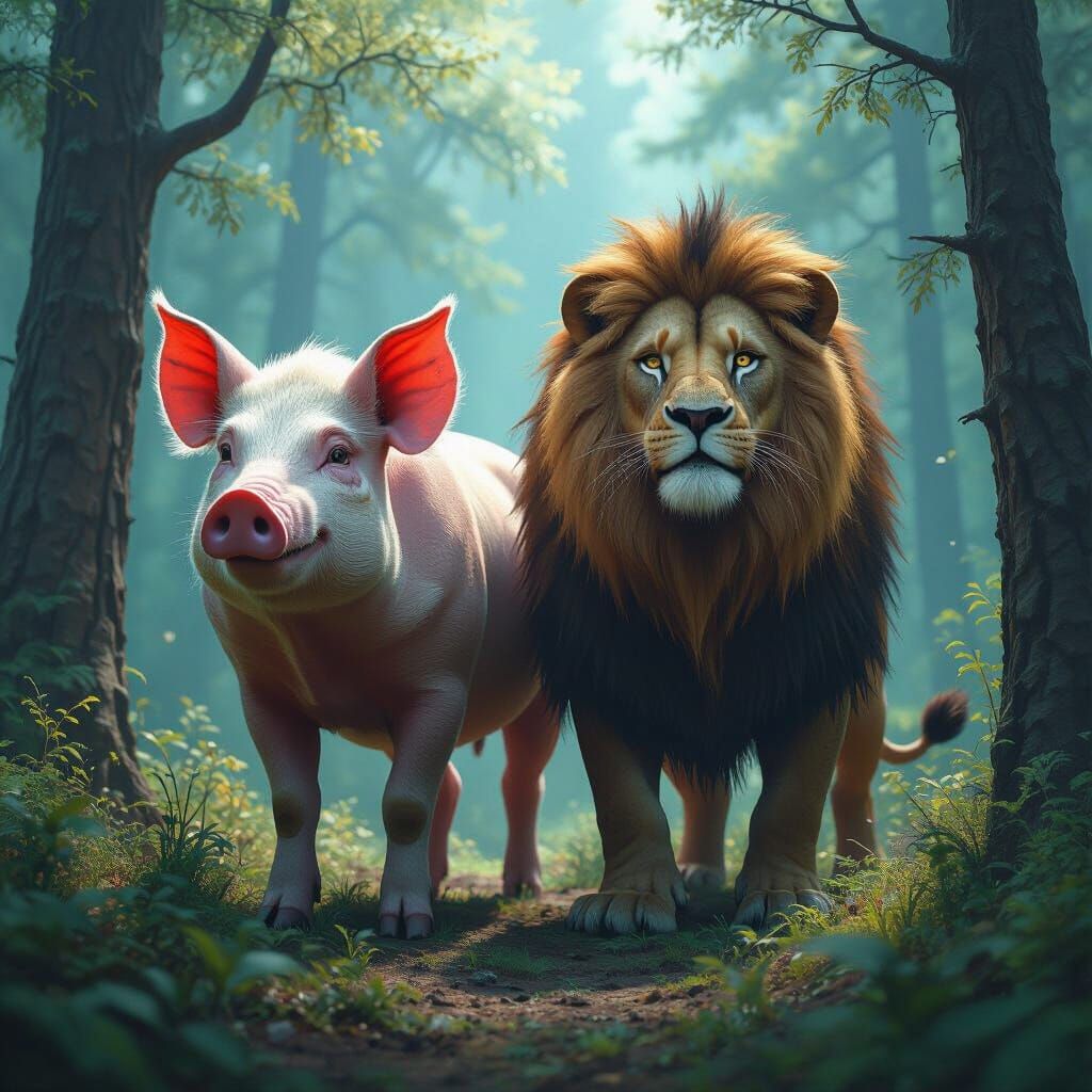 Half-Pig, Half-Lion Creature in Mystical Forest