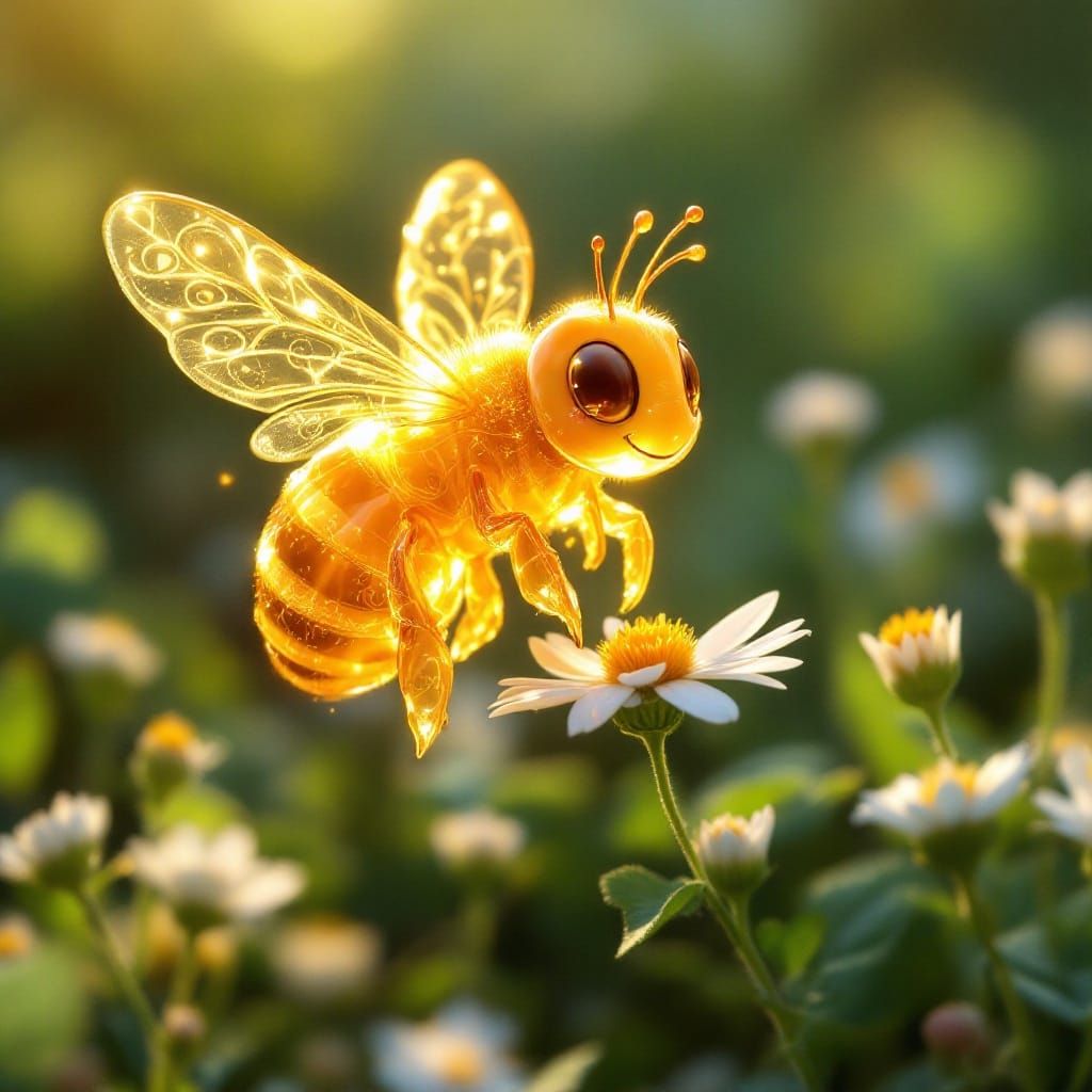Luminous Cartoon Bee Lands on White Clover Blossom
