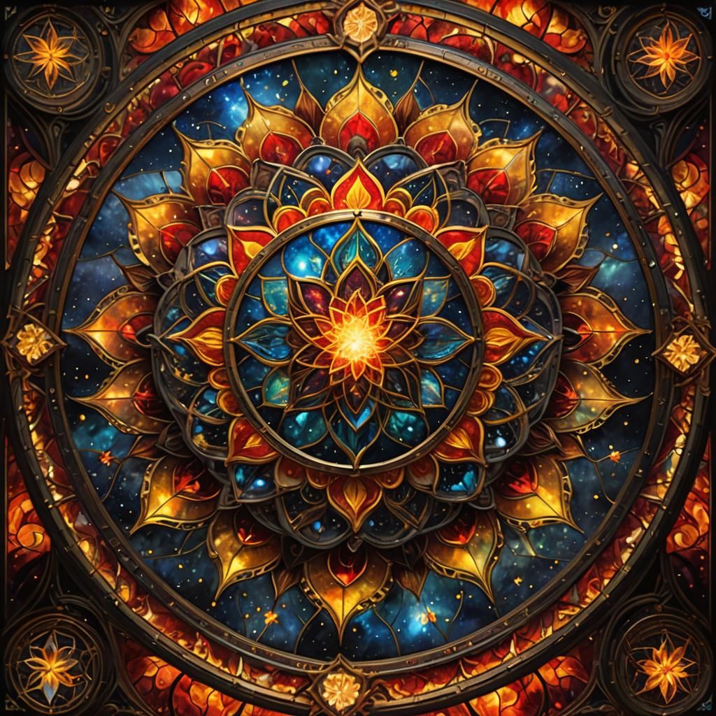 Cosmic Stained Glass Mandalas in Warm Colors