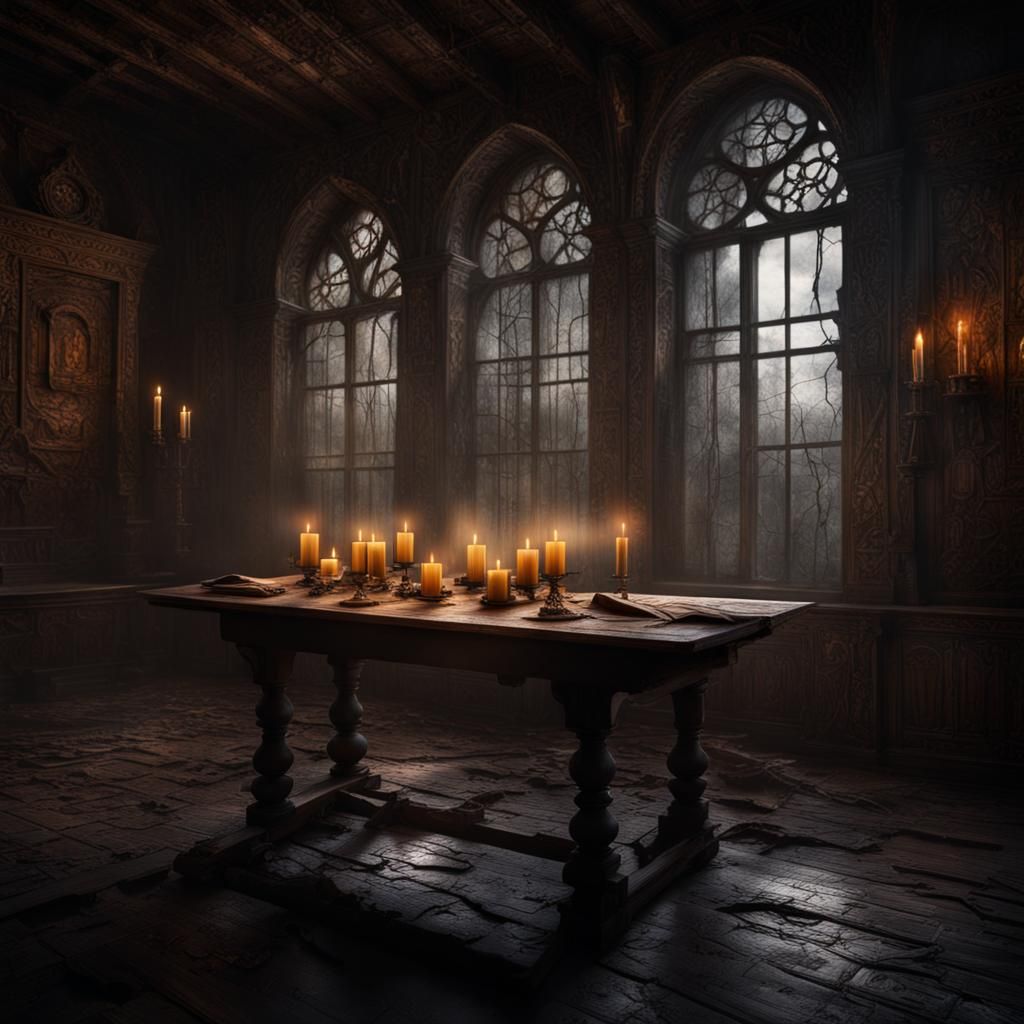 Dramatic Monastery Scene with Etched Word 'Run'