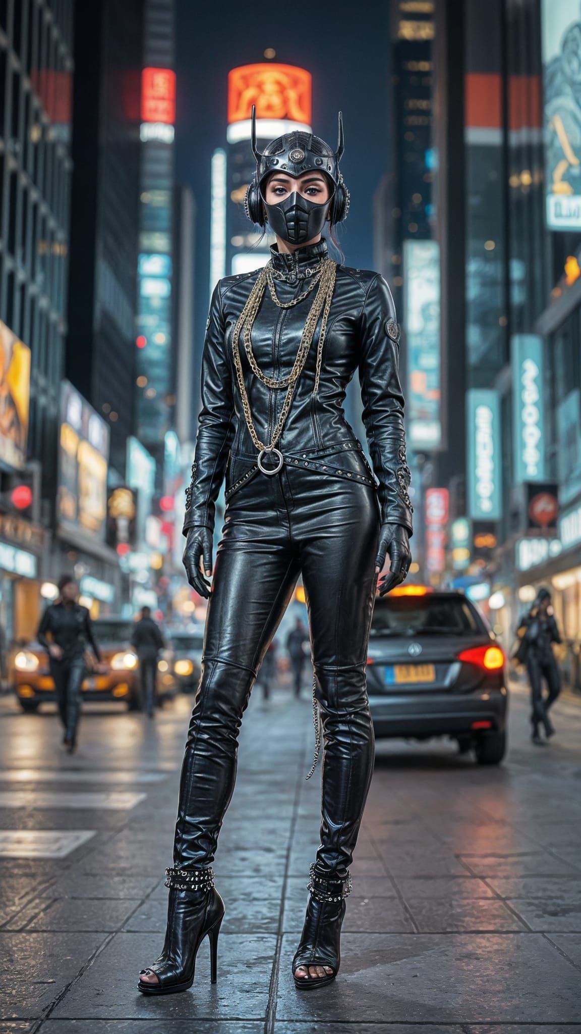 Cyberpunk Goddess in High Heels Stands Tall in City Night