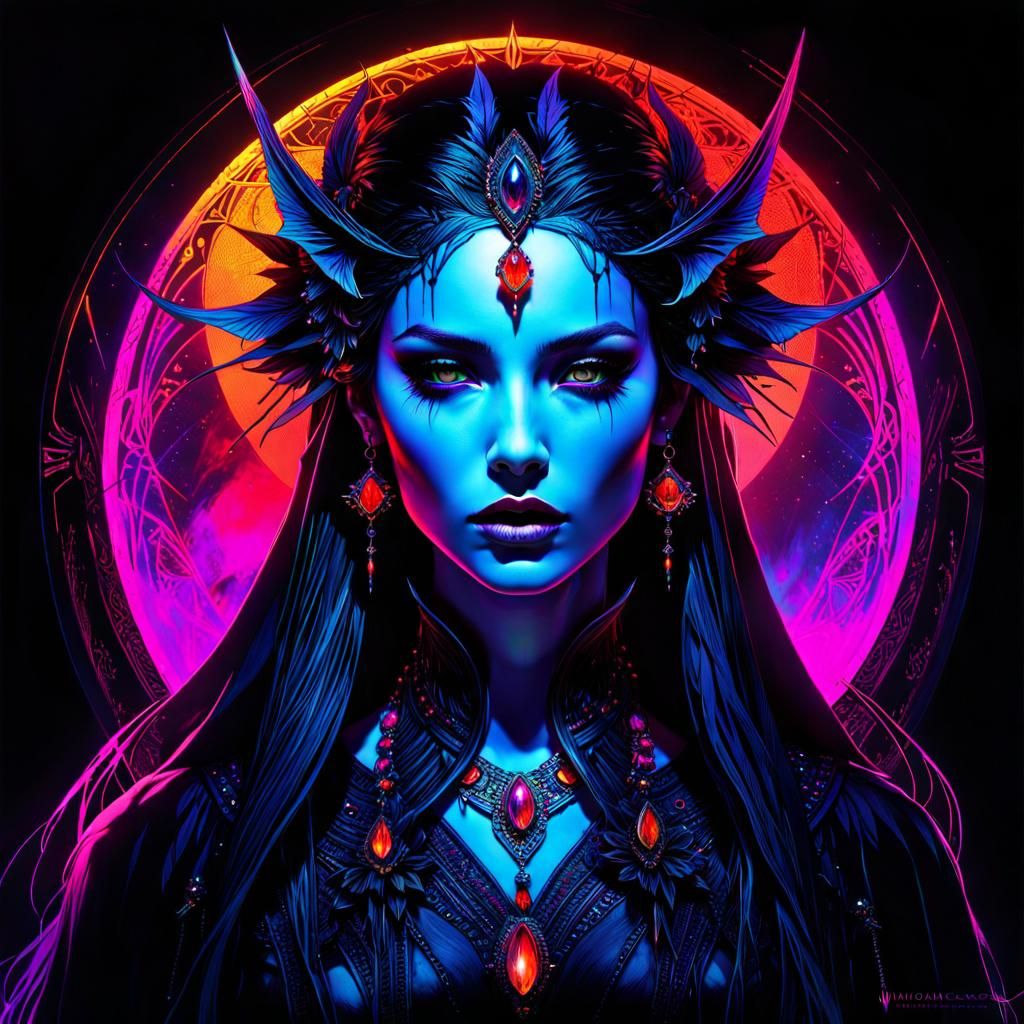 Ethereal Vampire Goddess in Fluorescent Black Light Art
