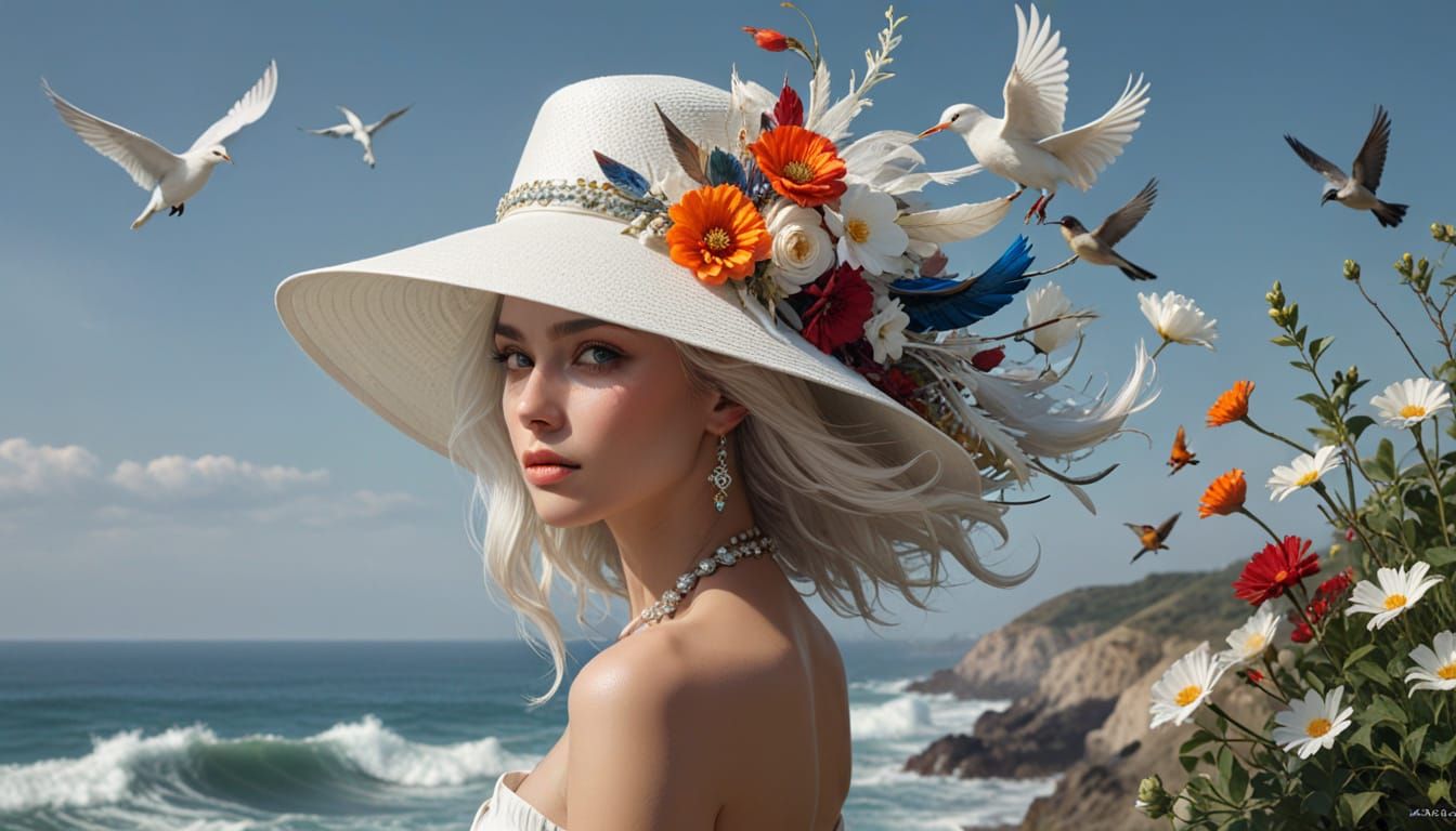 Elegant Woman with White Hair and Birds by the Sea