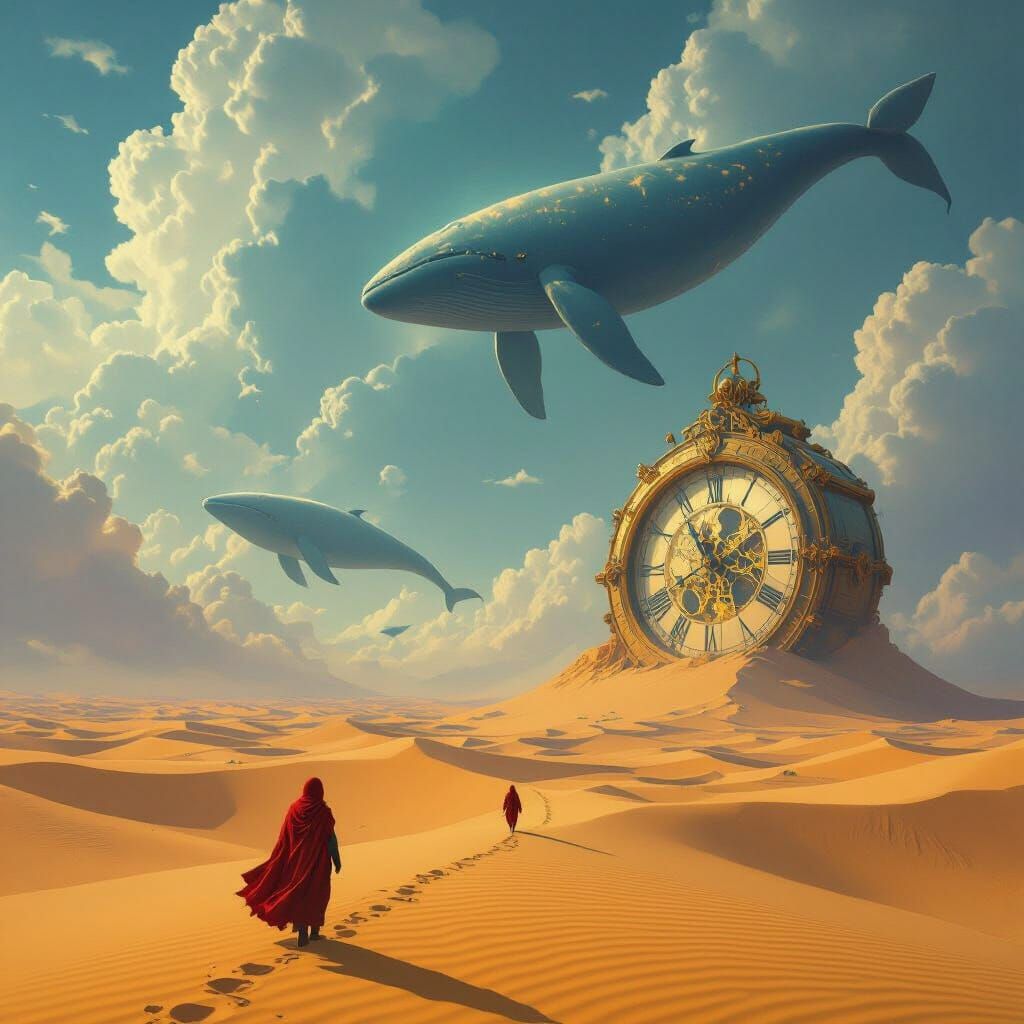 Whales Swim Through Desert Sky Over Golden Dunes