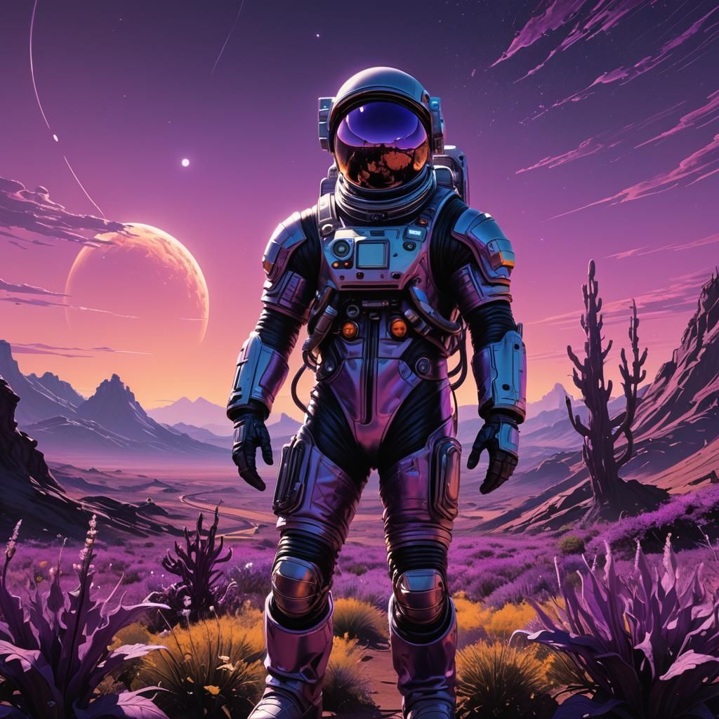 Astronaut on Alien Planet with Purple Sky