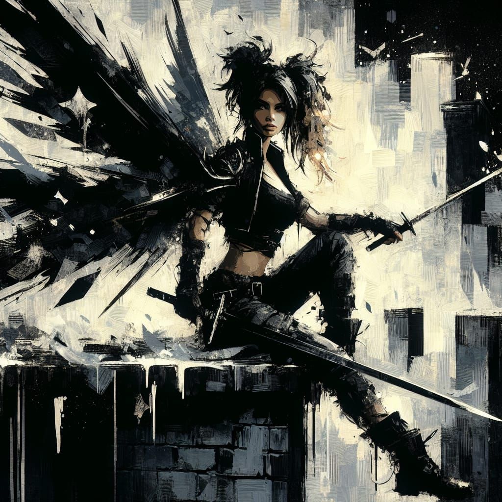 Fierce Fairy with Sword on Building at Night