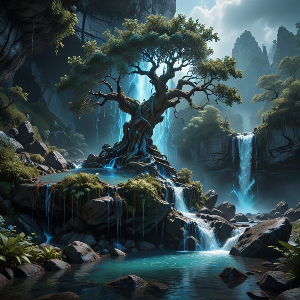 Bioluminescent Tree Above Waterfall in Fantasy Realism