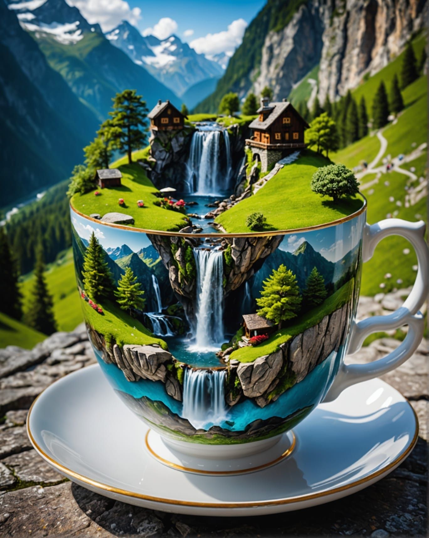 Alpine Valley Waterfall in Teacup: Hyperrealistic Image