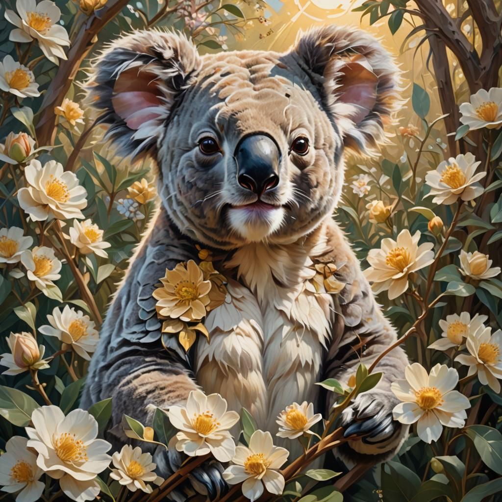 Koala's Art Nouveau Oil Painting in Flower Garden