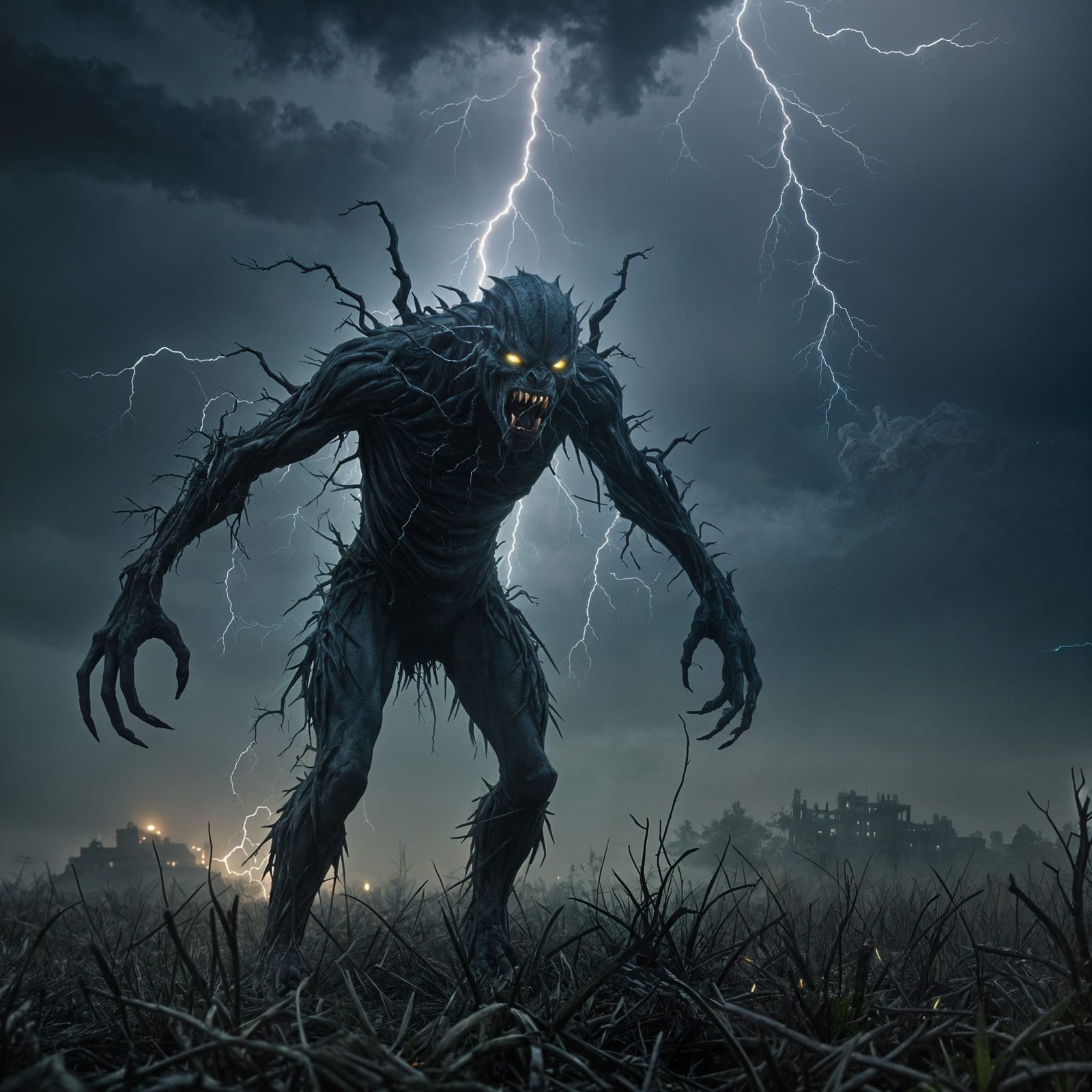 Creepy Monster Creature in Foggy Lightning Field