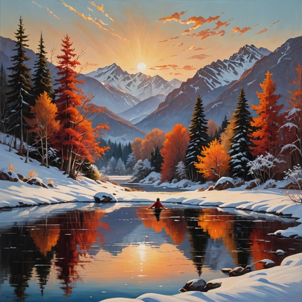 Serene Mountain Pool: Romantic Oil Painting at Sunset