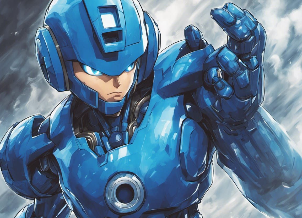 Hyperrealistic Mega Man in Blue Machine Armor