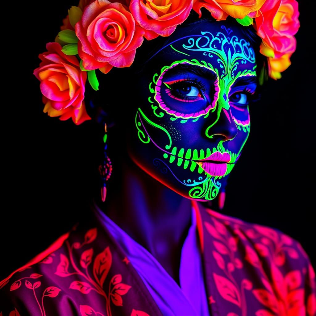 Fluorescent Día de los Muertos Portrait on Black Velvet