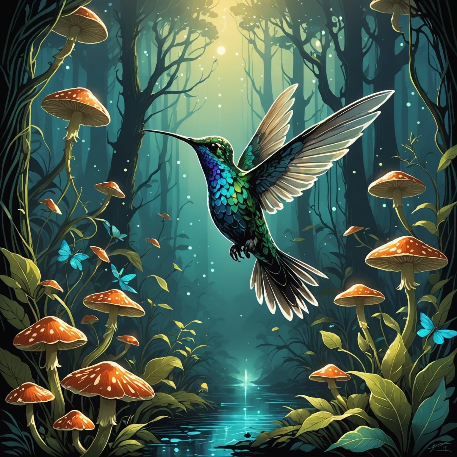Bioluminescent Hummingbird in Glowing Mushroom Grove, Art No...