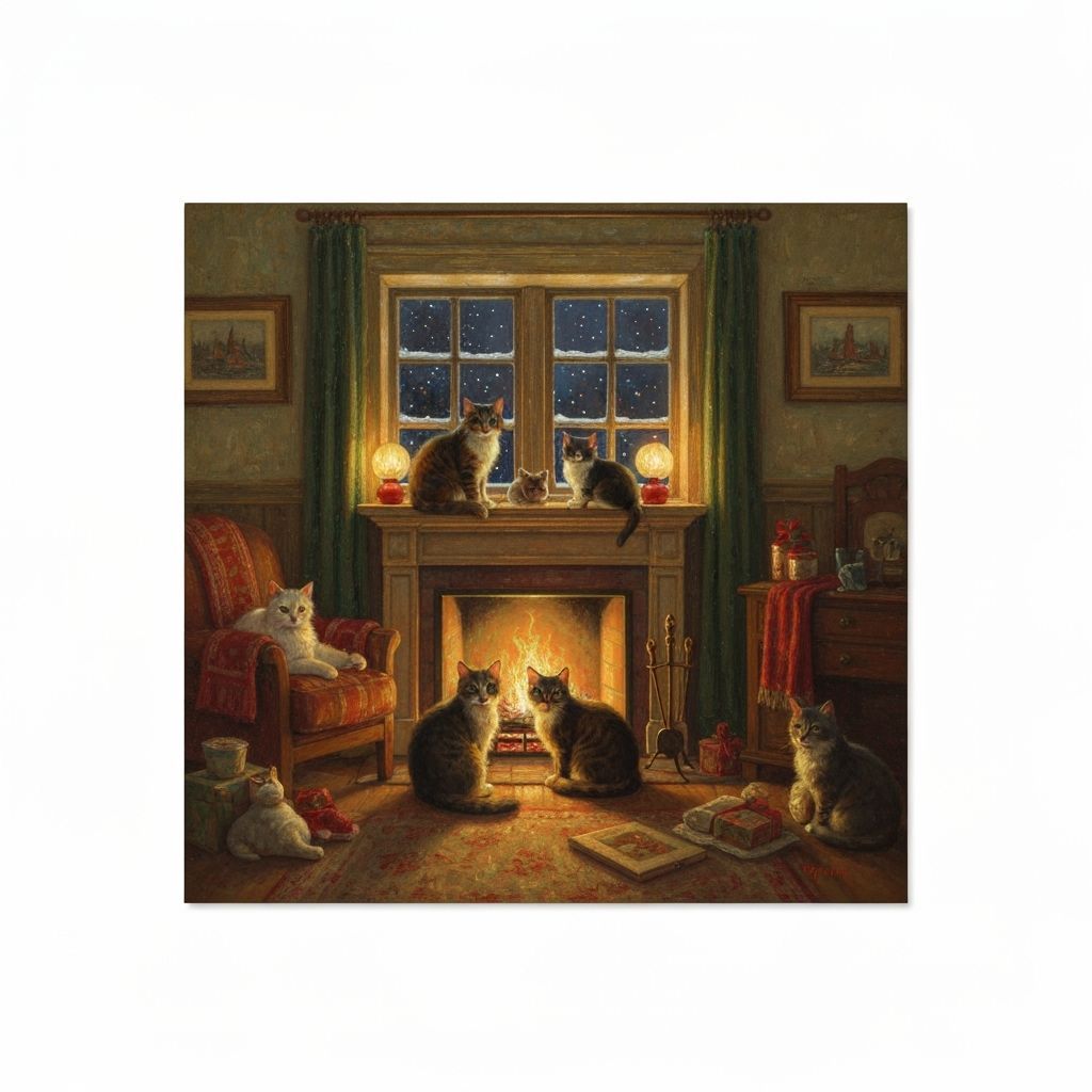 Cozy Cats by Fireplace in Oil Painting Style