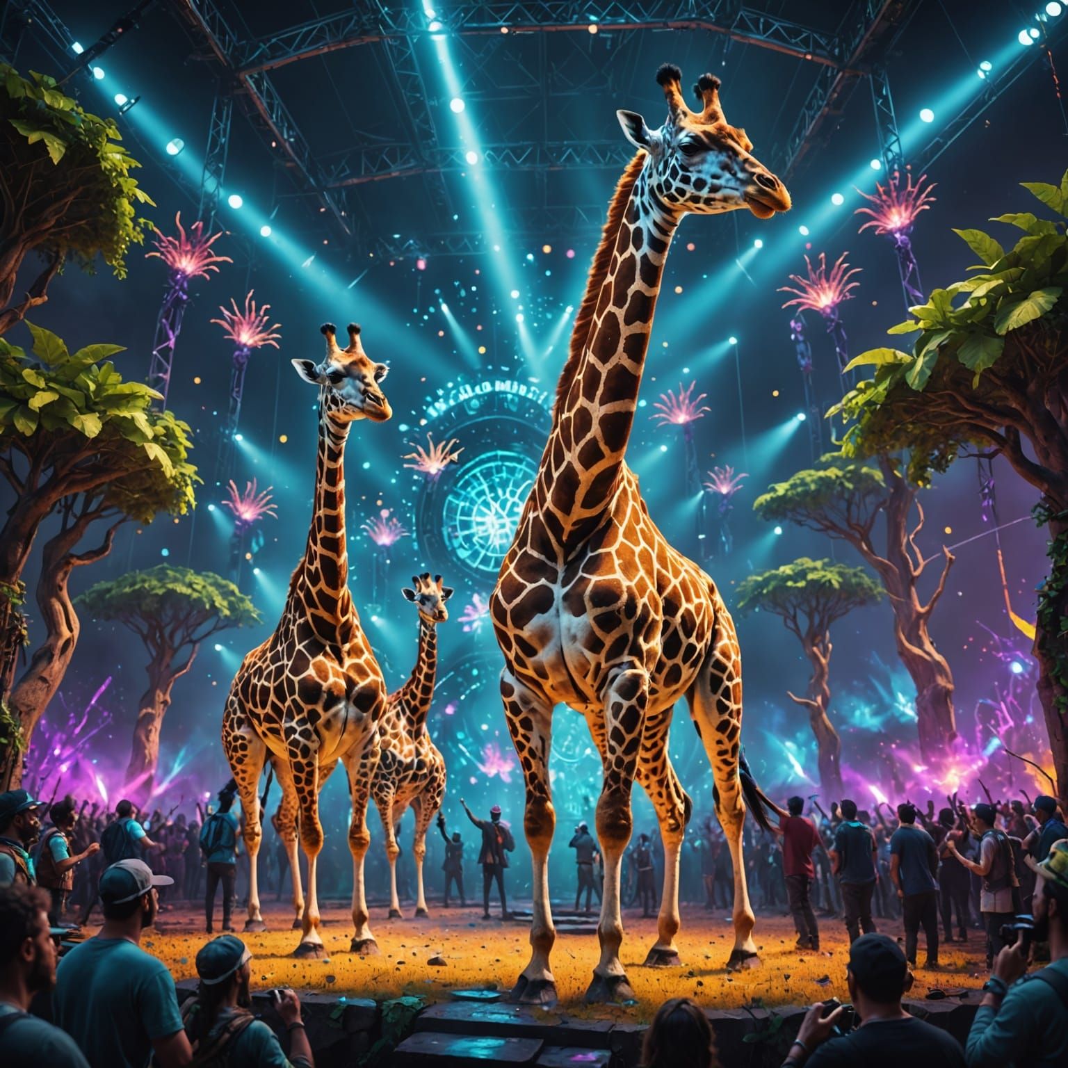 Giraffes Performing Rave Concert: Detailed Matte Painting