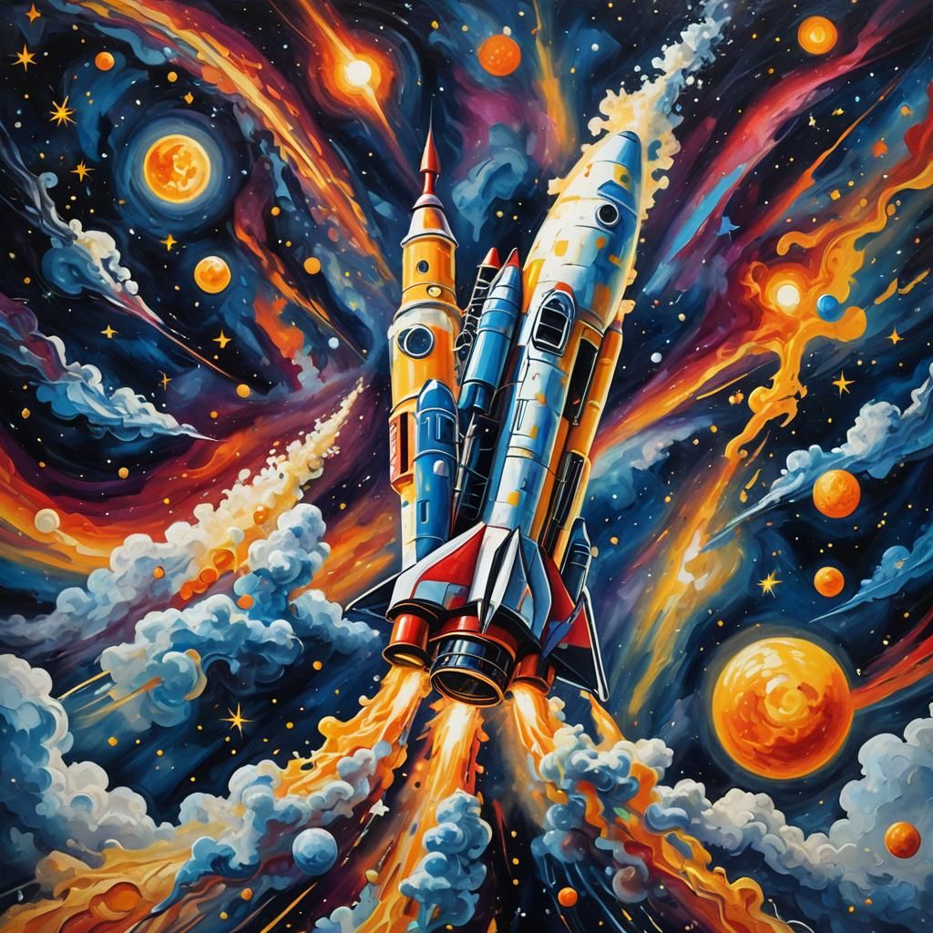 Cheese Rocket Launching in Surreal Starry Night