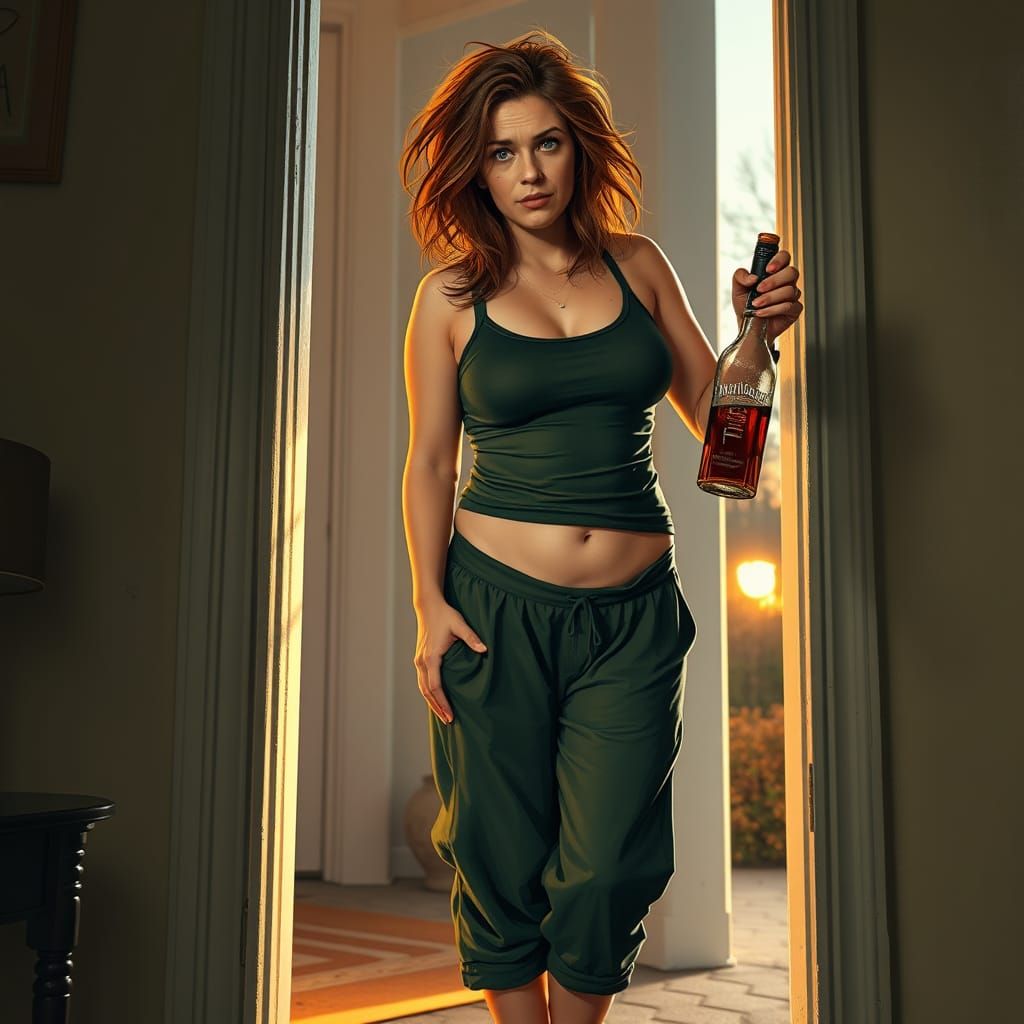 Disheveled Woman in Doorway, Whiskey in Hand, Late Afternoon...