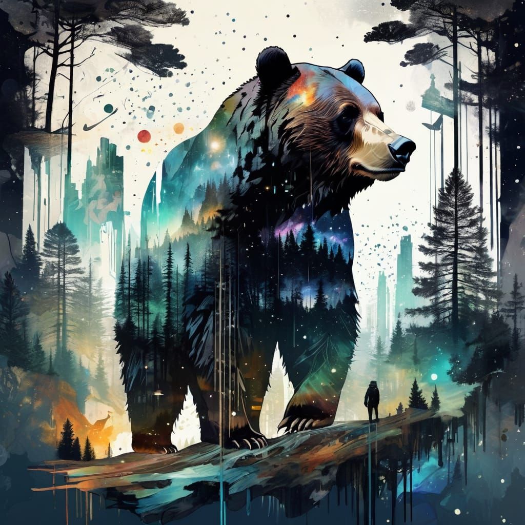Galaxy Meets Forest: A Double Exposure Bear