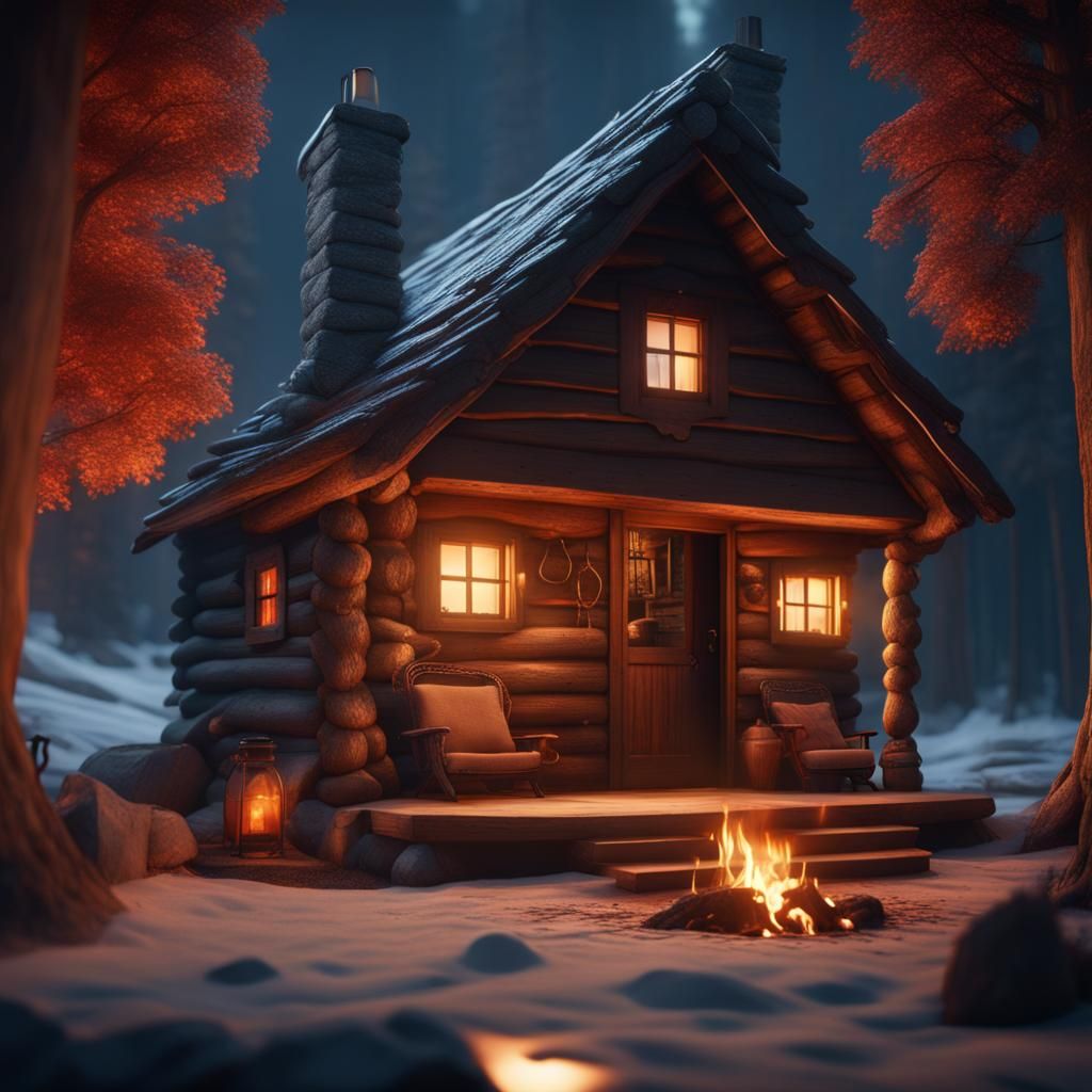 Cozy Cabin Room with Fireplace: Detailed Digital Art