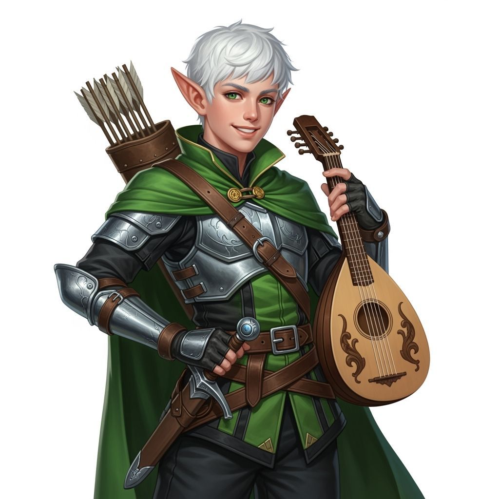 Charming Half-Elf Adventurer with Lute, in Fantasy Art Style