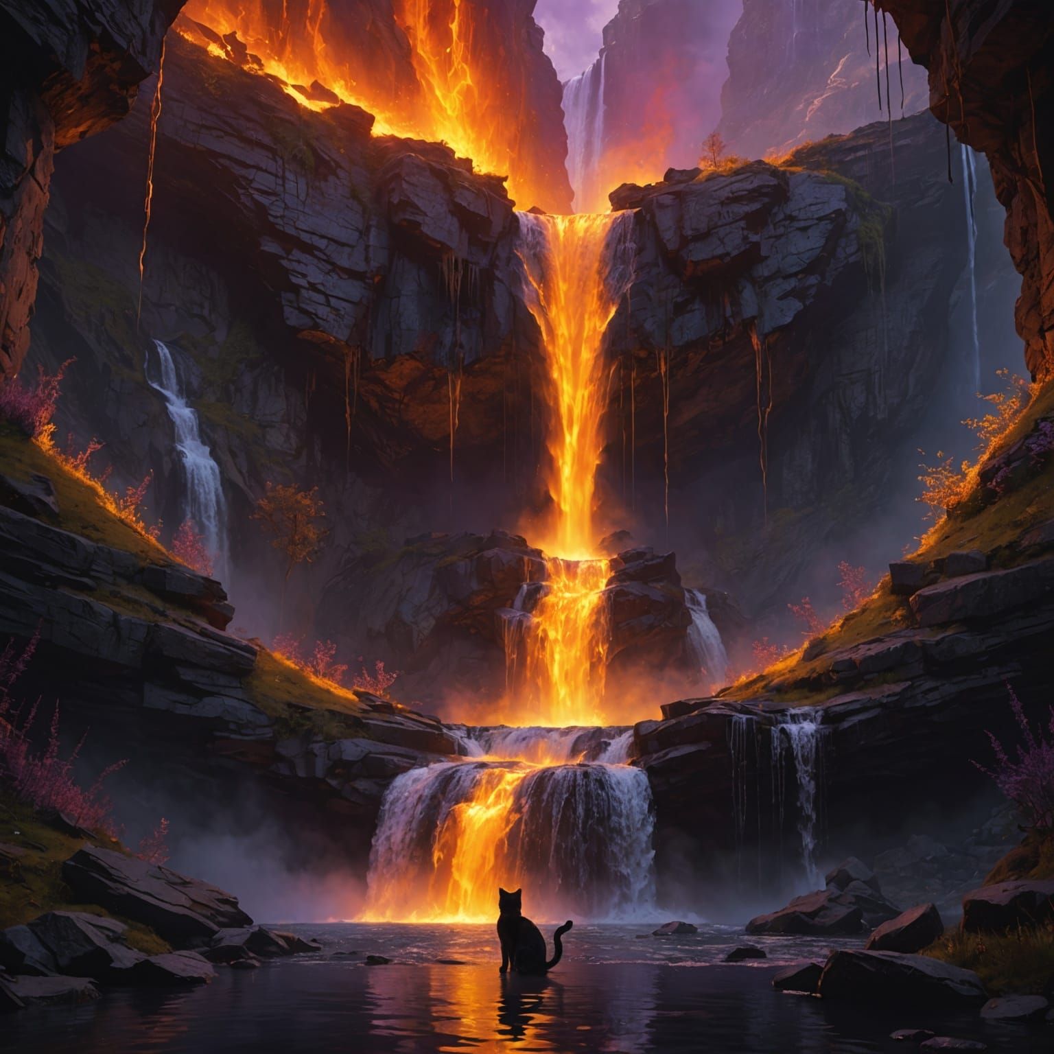 Fiery Waterfall with Cat Shadow: Dark Fantasy Art