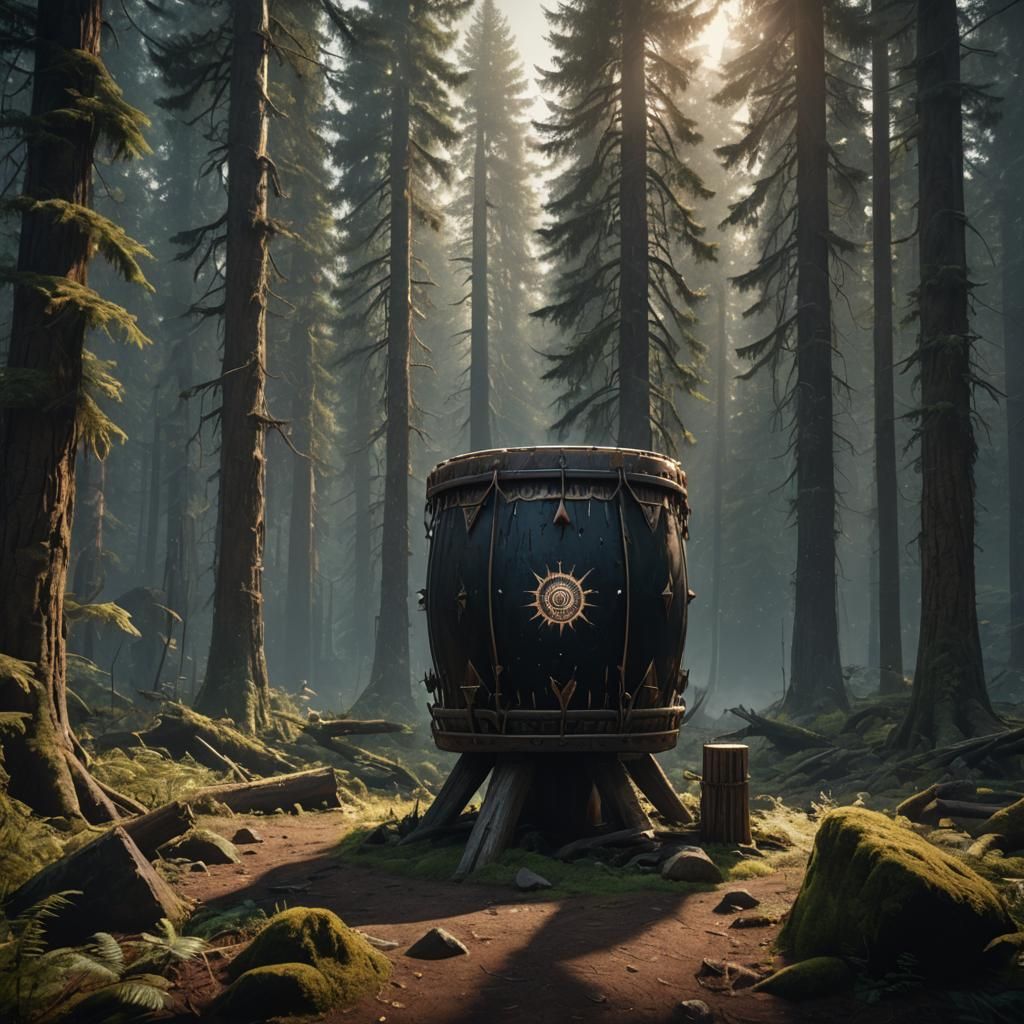 Mystical Black Sun Illuminates Giant Drum in Forest