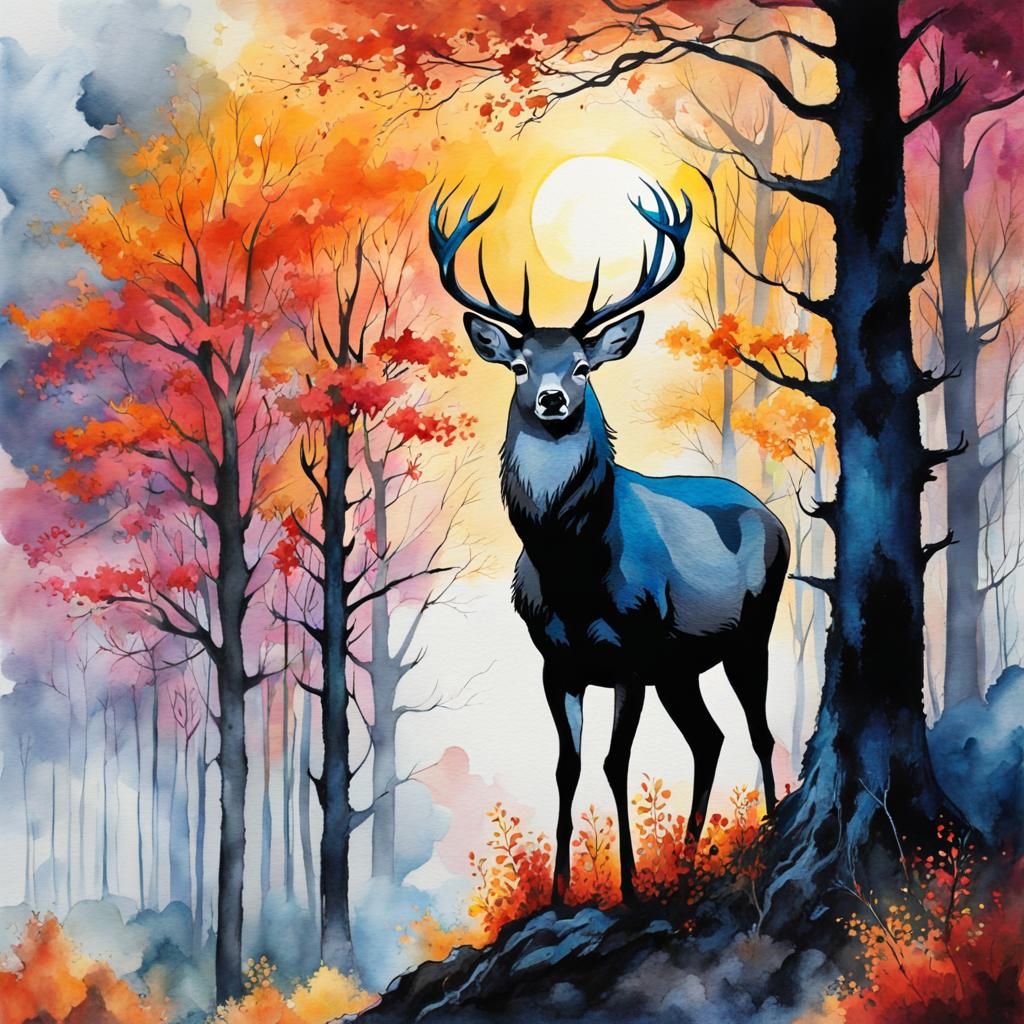 Watercolor Deer in Forest, Anime Key Visual