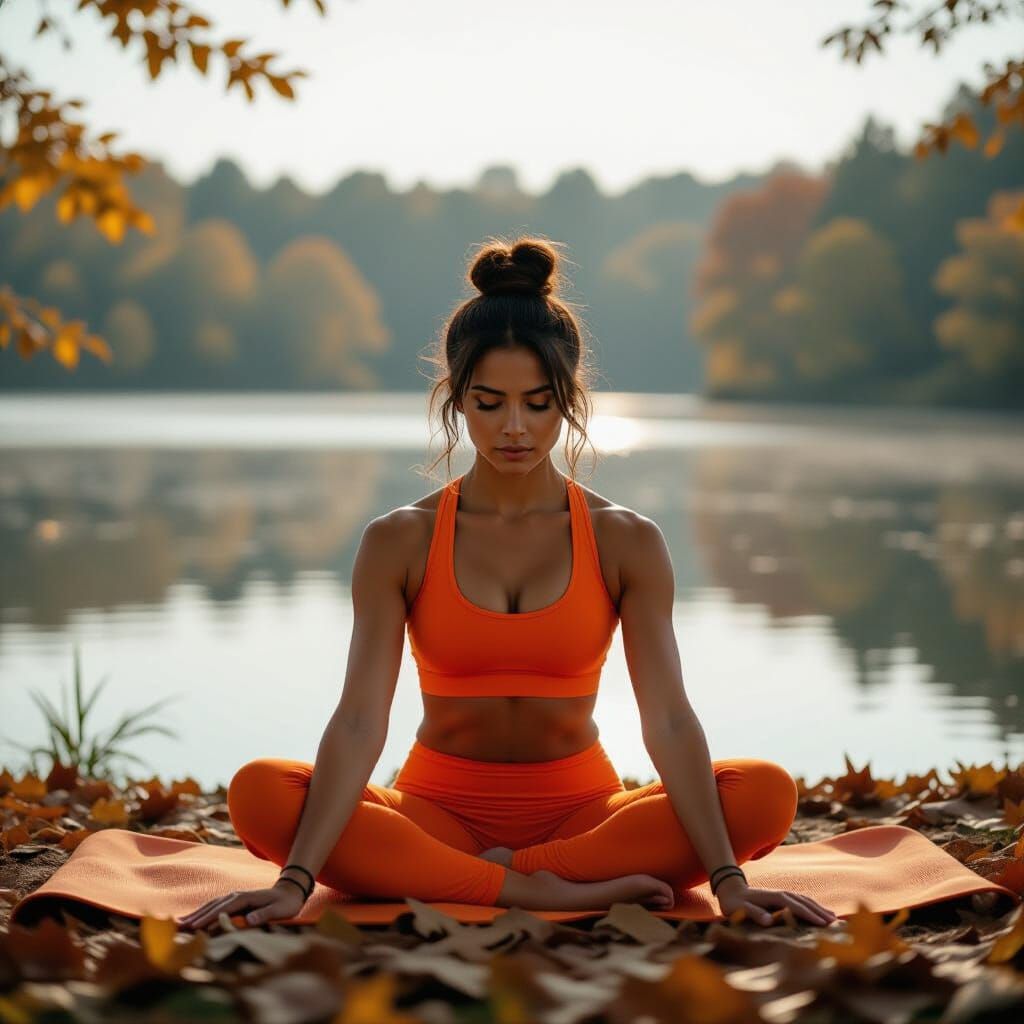 Powerful Indian Woman Yoga Pose Near Lake