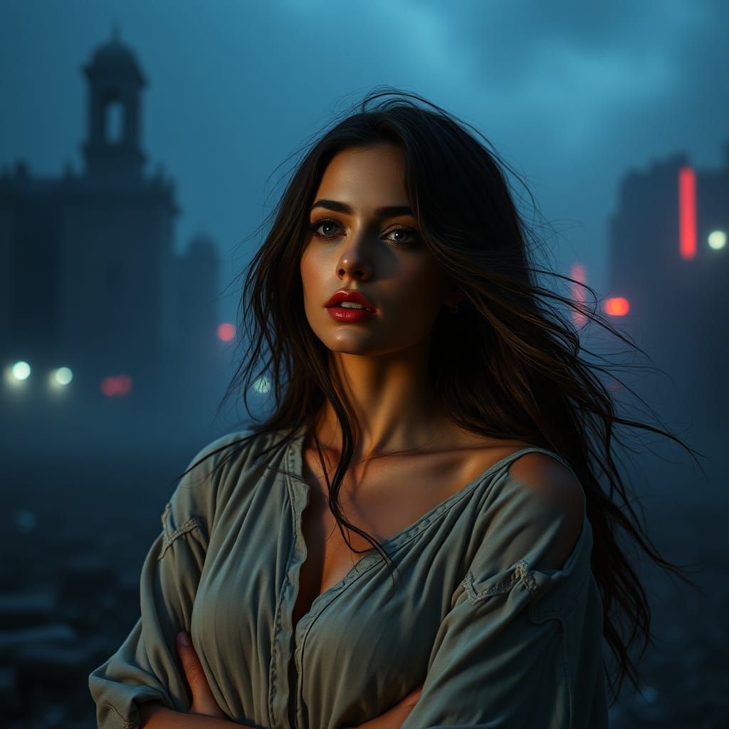 Ethereal Woman in a Desolate Dystopian Landscape
