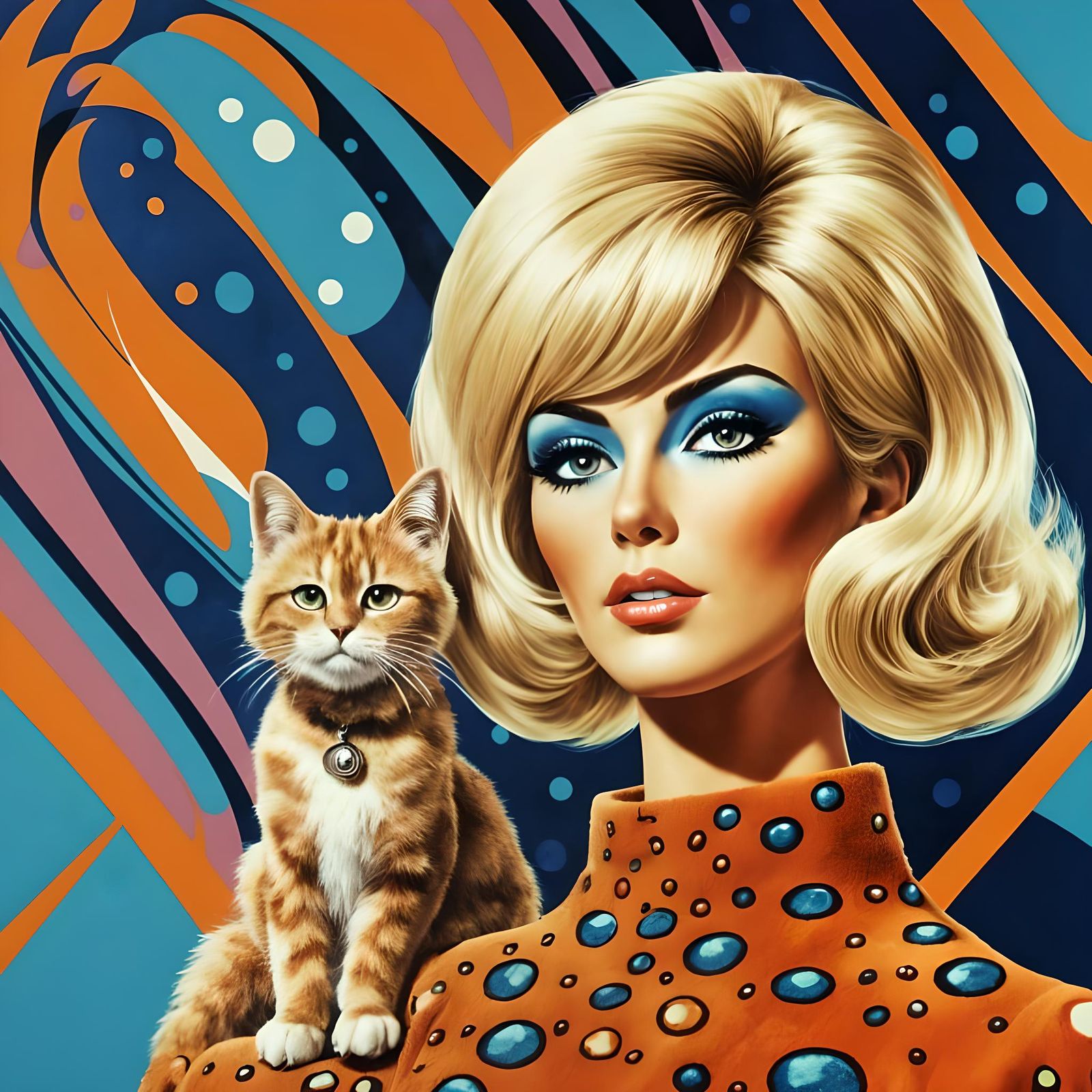 Jet Set Cat with 1960s Woman in Abstract Style