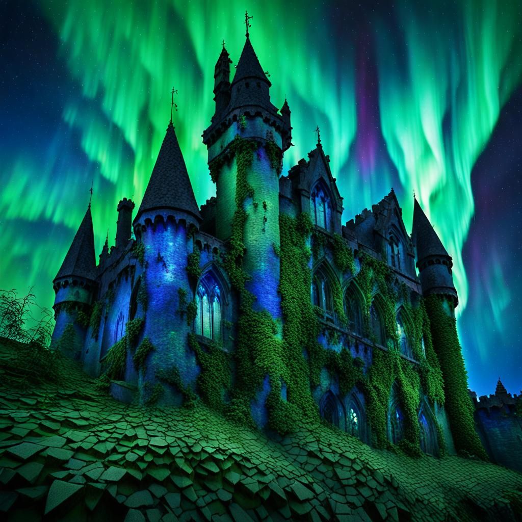 Aurora Borealis Illuminates Haunted Castle, Impasto Painting