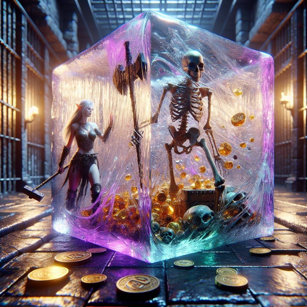 Elf Warrior Confronts Gelatinous Cube in Dungeon