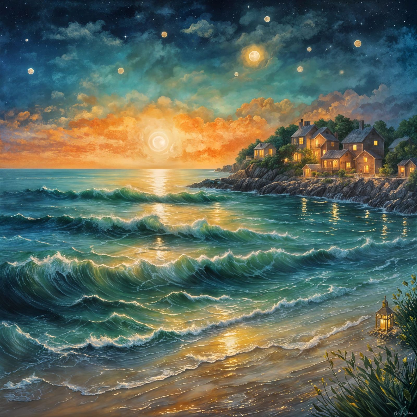 Magical Summer Night Sea in Oil Painting Style